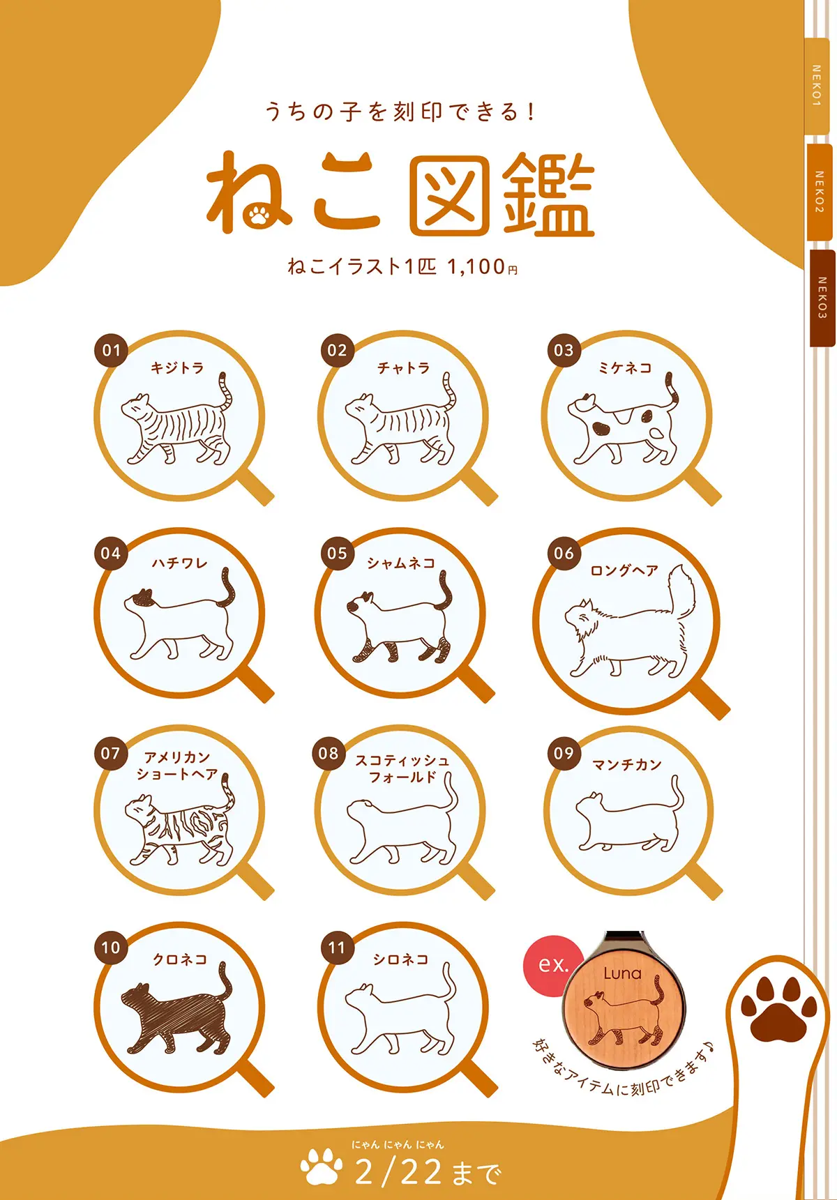限定】 ねこ図鑑イラスト刻印 2月22日まで | 名入れギフト・木製